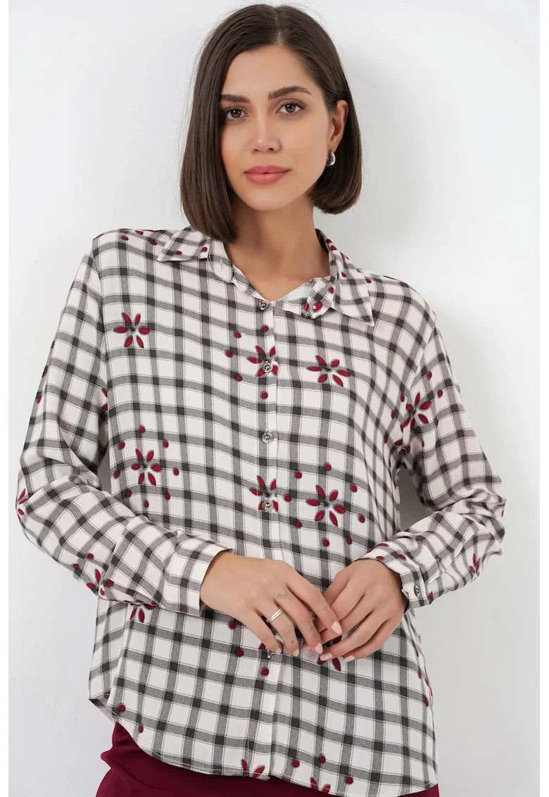Camasi dama,  camasa cu carouri, negru, 100% viscoza, maneca lunga