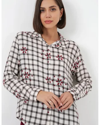 Camasi dama,  camasa cu carouri, negru, 100% viscoza, maneca lunga