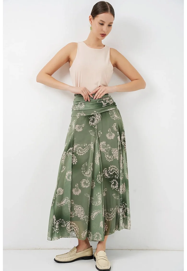 Fusta maxi  cu talie inalta, imprimeu paisley, verde, poliester