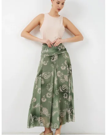 Fusta maxi  cu talie inalta, imprimeu paisley, verde, poliester