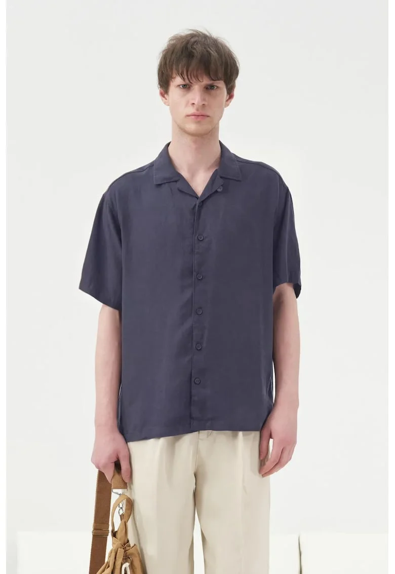 Camasa barbati,  maneca scurta, bleumarin, Tencel