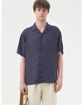 Camasa barbati,  maneca scurta, bleumarin, Tencel