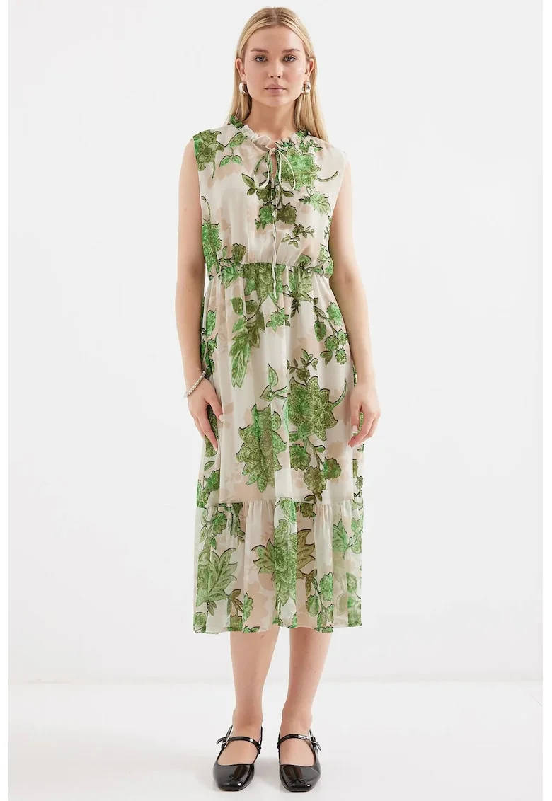 Rochie Midi  cu detaliu funda, crem/verde, poliester, croiala lejera