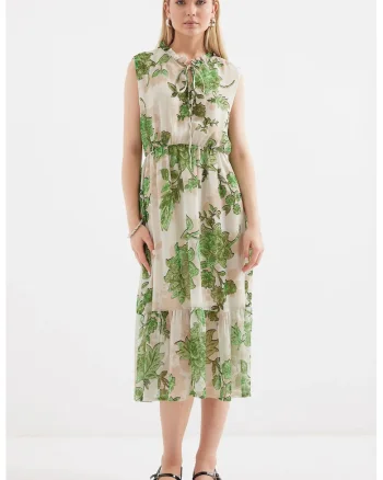 Rochie Midi  cu detaliu funda, crem/verde, poliester, croiala lejera