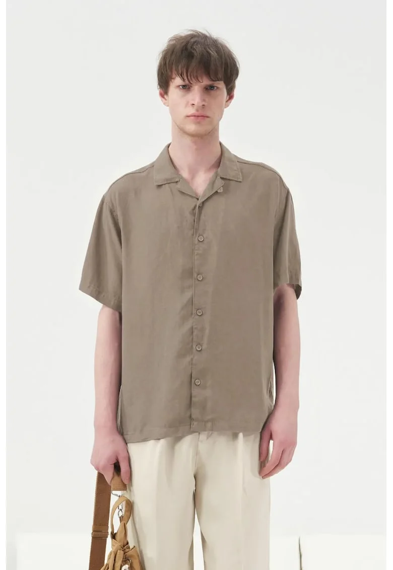 Camasa barbati,  maneca scurta, in/tencel, kaki, inchidere cu nasturi