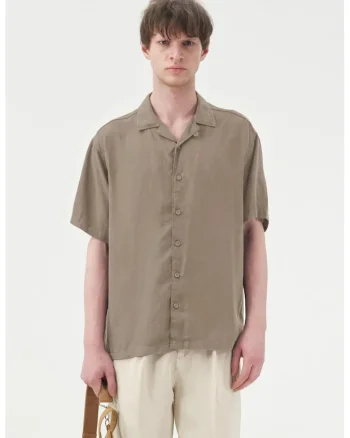 Camasa barbati,  maneca scurta, in/tencel, kaki, inchidere cu nasturi