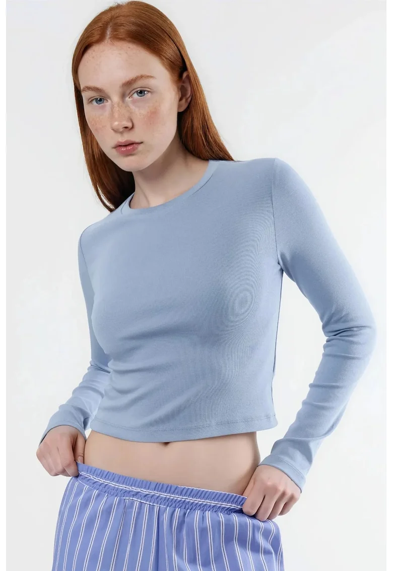 Bluza dama,  Bumbac/Elastan, Guler rotund, Slim fit, Albastru glaciar