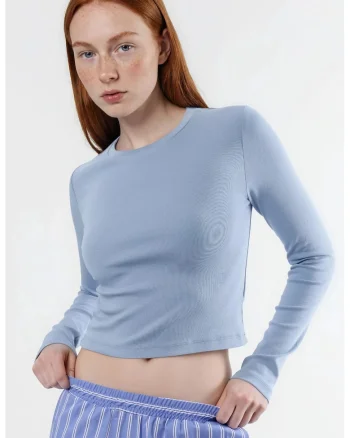 Bluza dama,  Bumbac/Elastan, Guler rotund, Slim fit, Albastru glaciar