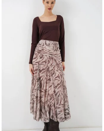 Fusta maxi  cu talie inalta, imprimeu Paisley, ivoire, poliester