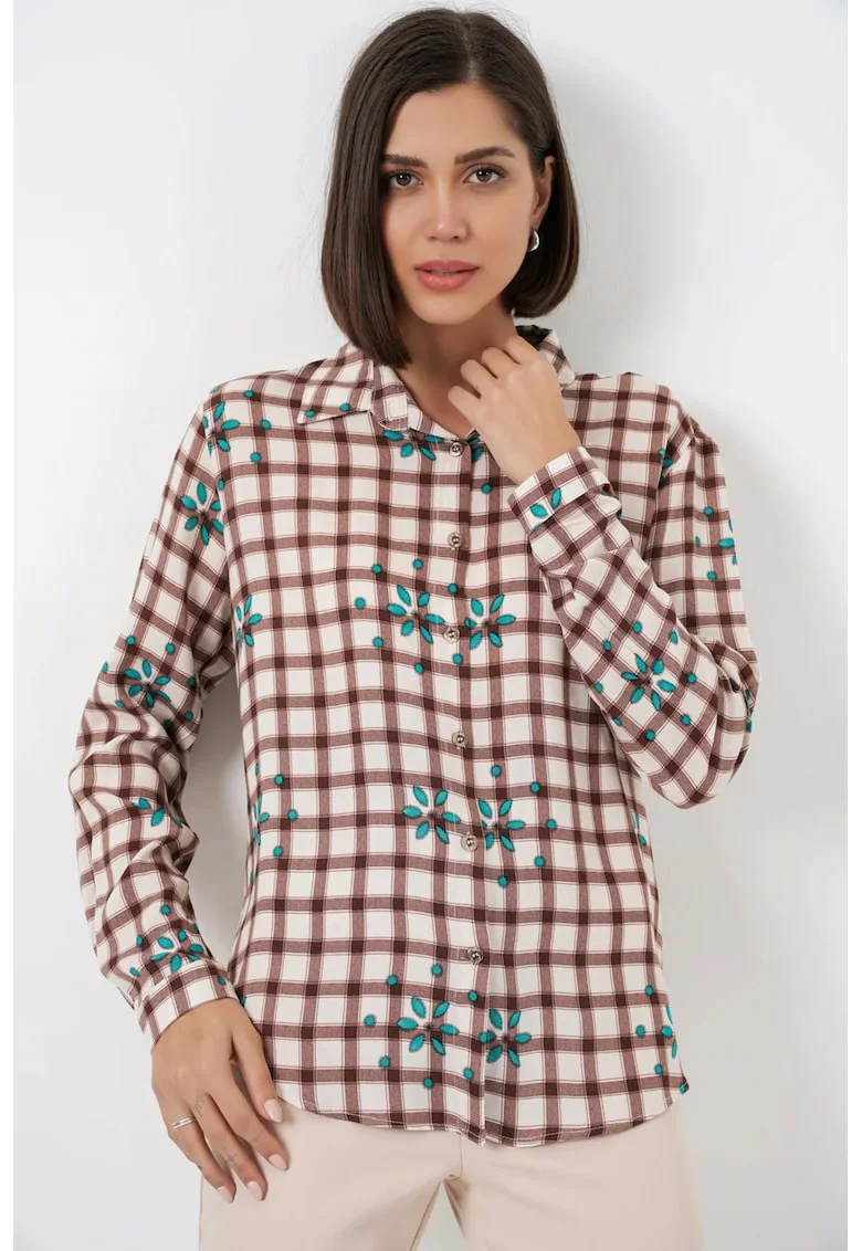 Camasi dama,  camasa cu nasturi, carouri, maro mocha, 100% viscoza