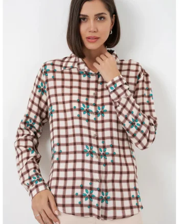 Camasi dama,  camasa cu nasturi, carouri, maro mocha, 100% viscoza