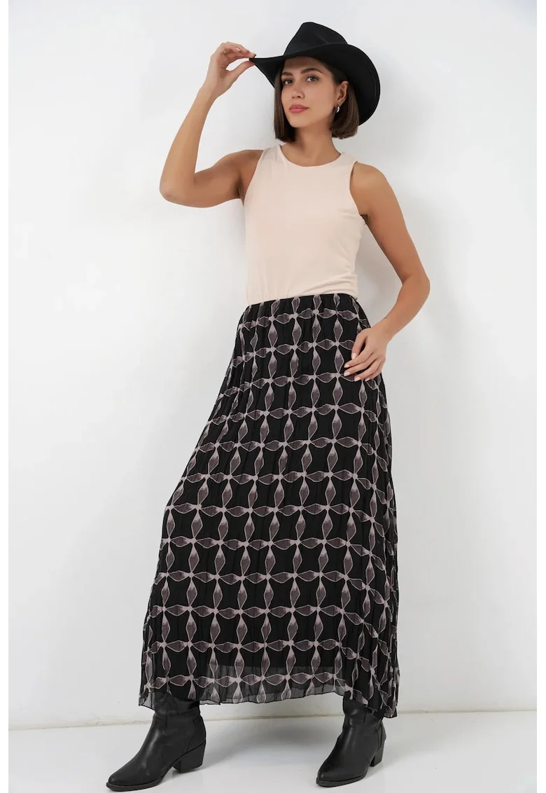 Fusta maxi  cu talie inalta, imprimeu geometric, neagra, poliester