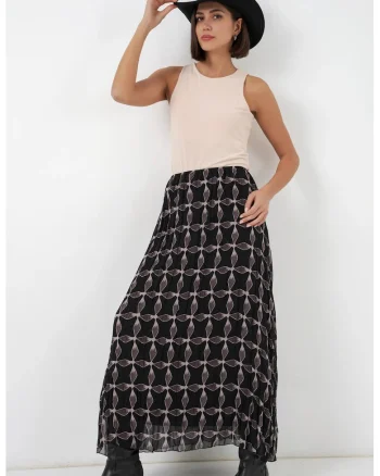 Fusta maxi  cu talie inalta, imprimeu geometric, neagra, poliester