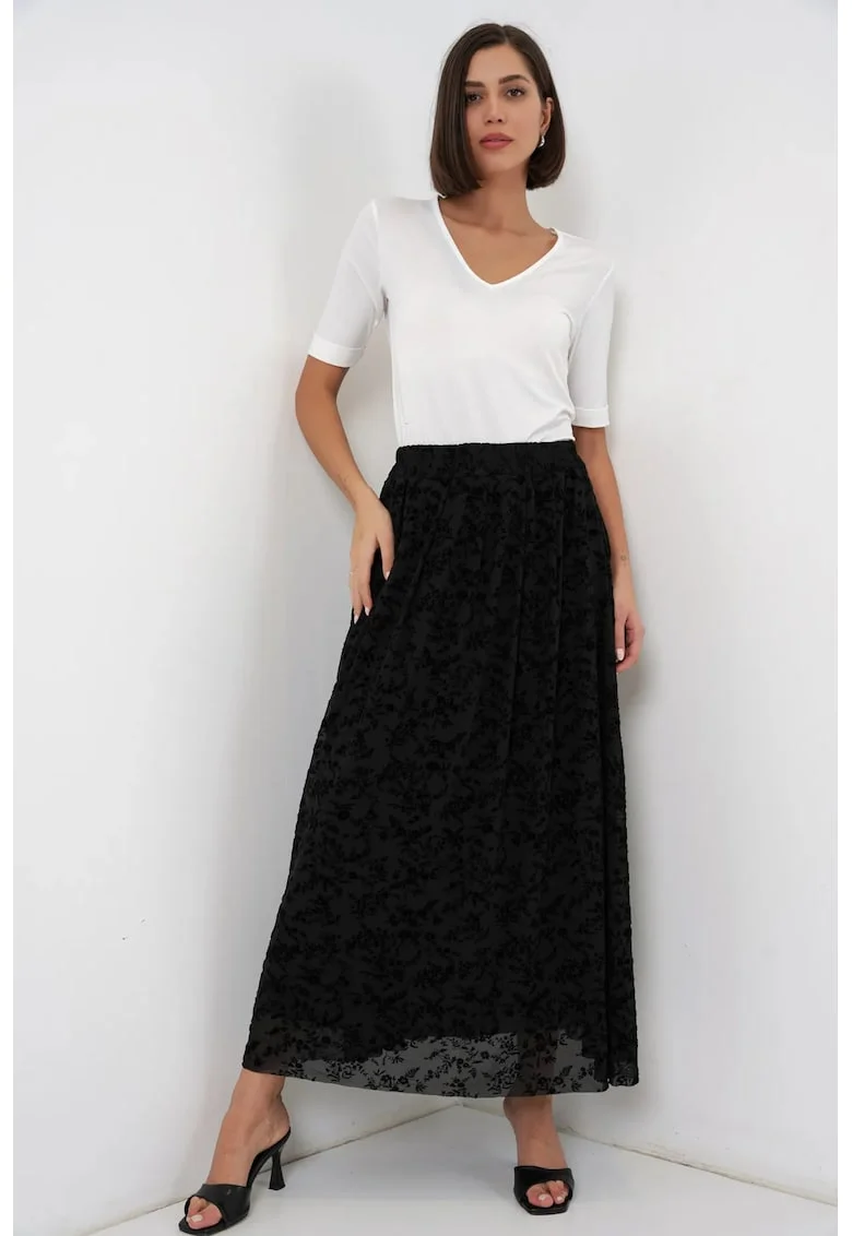 Fusta maxi  florala, negru, bumbac