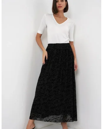 Fusta maxi  florala, negru, bumbac