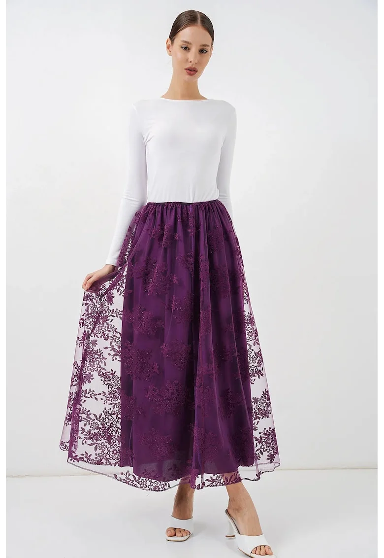Fusta maxi  floral, mov, bumbac, talie inalta