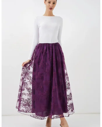 Fusta maxi  floral, mov, bumbac, talie inalta