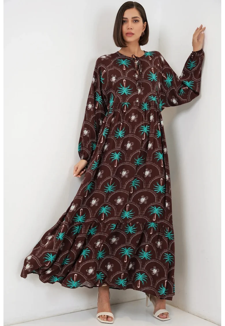 Rochie maxi  imprimeu tropical, maneca lunga, maro, viscoza