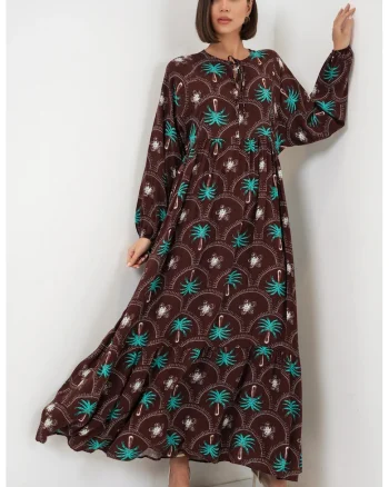 Rochie maxi  imprimeu tropical, maneca lunga, maro, viscoza