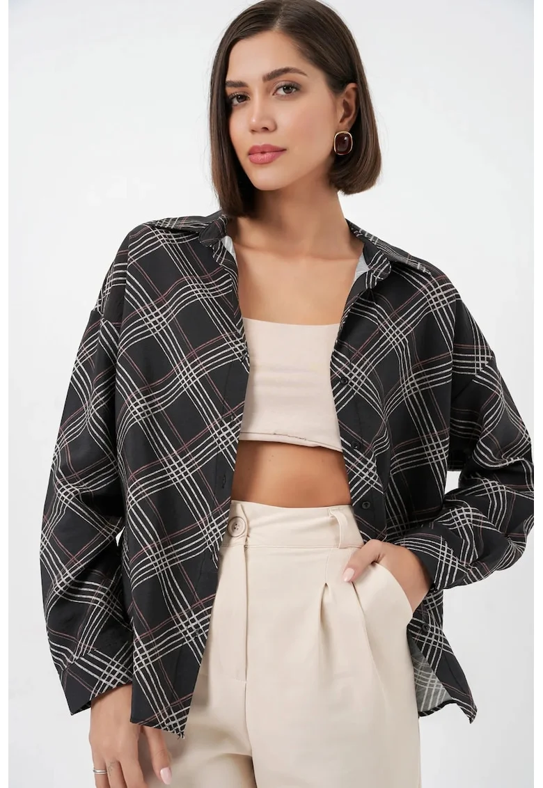 Camasi dama,  camasa supradimensionata, carouri, negru, 80% viscoza, 20% nailon