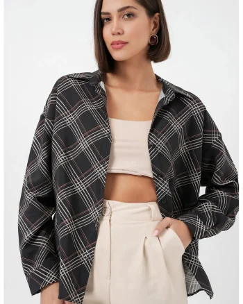 Camasi dama,  camasa supradimensionata, carouri, negru, 80% viscoza, 20% nailon