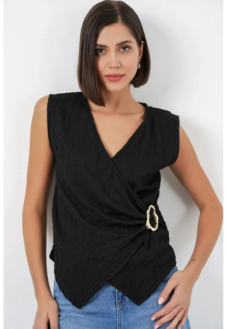 Top dama,  Poliester/Elastan, Negru, Decolteu in V