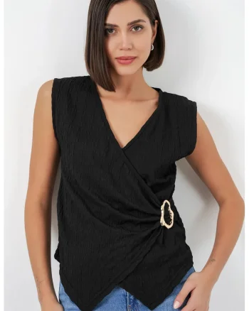 Top dama,  Poliester/Elastan, Negru, Decolteu in V