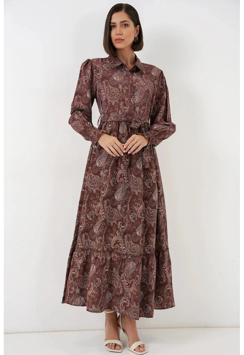 Rochie tip camasa Maxi  cu imprimeu Paisley, maneci lungi, maro, viscoza
