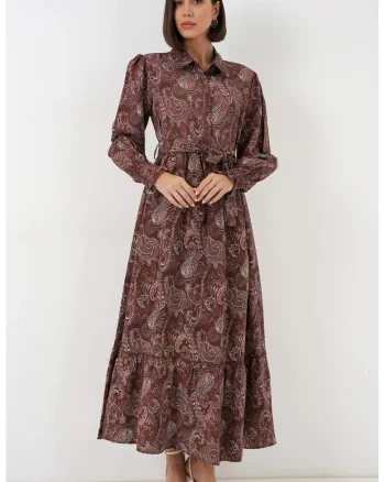Rochie tip camasa Maxi  cu imprimeu Paisley, maneci lungi, maro, viscoza