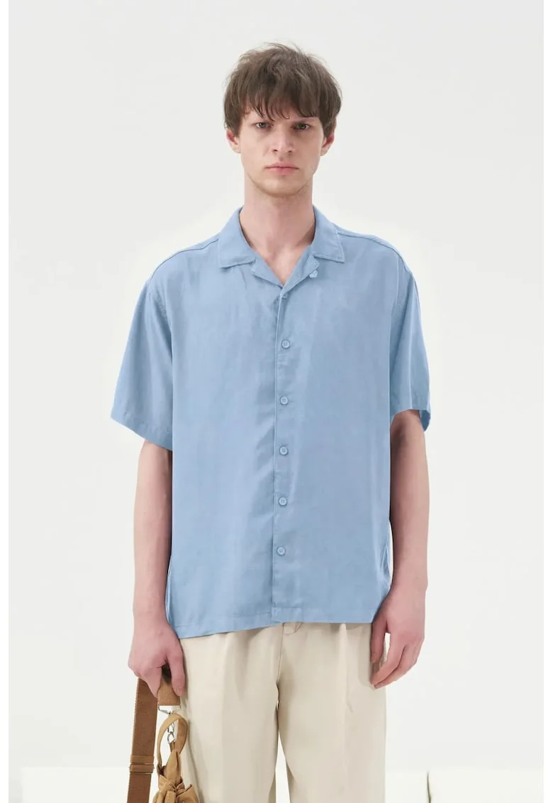 Camasa casual barbati,  maneca scurta, albastru, amestec de in si tencel