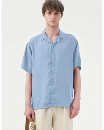 Camasa casual barbati,  maneca scurta, albastru, amestec de in si tencel