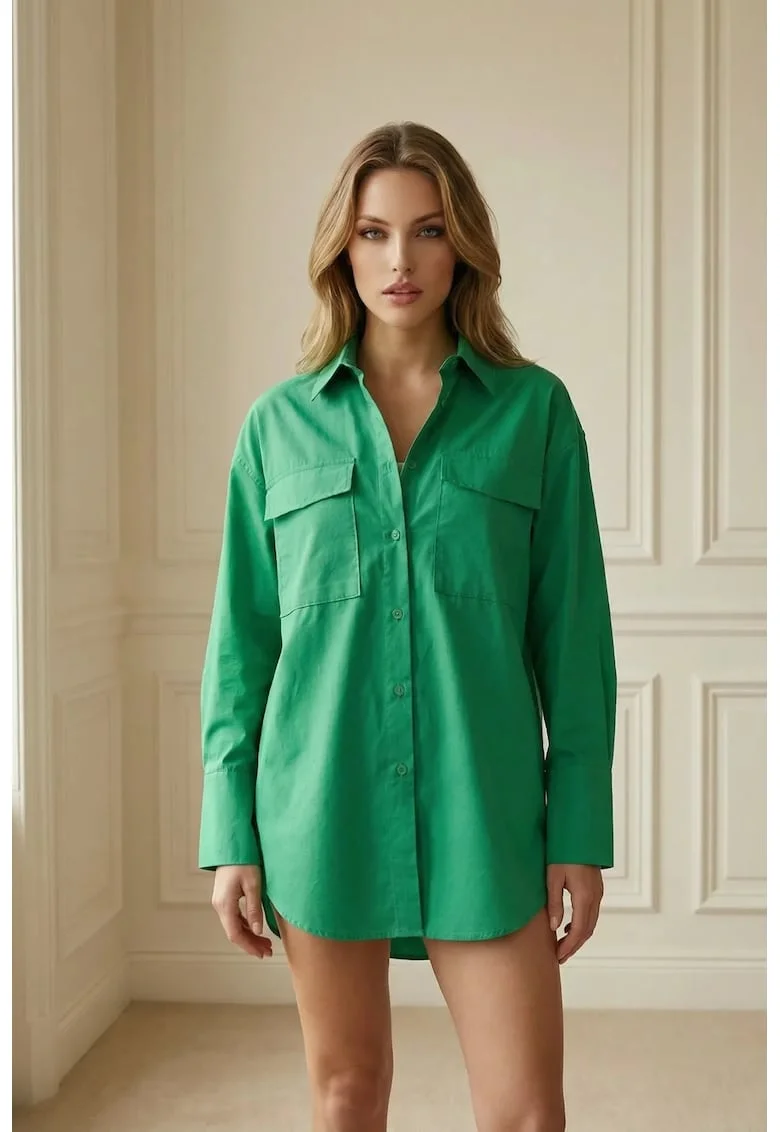 Camasa dama,  camasa supradimensionata, verde pin, 100% bumbac, maneca lunga, buzunar