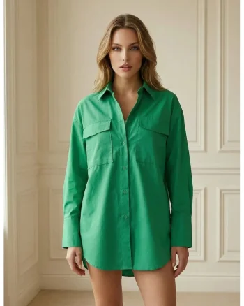 Camasa dama,  camasa supradimensionata, verde pin, 100% bumbac, maneca lunga, buzunar