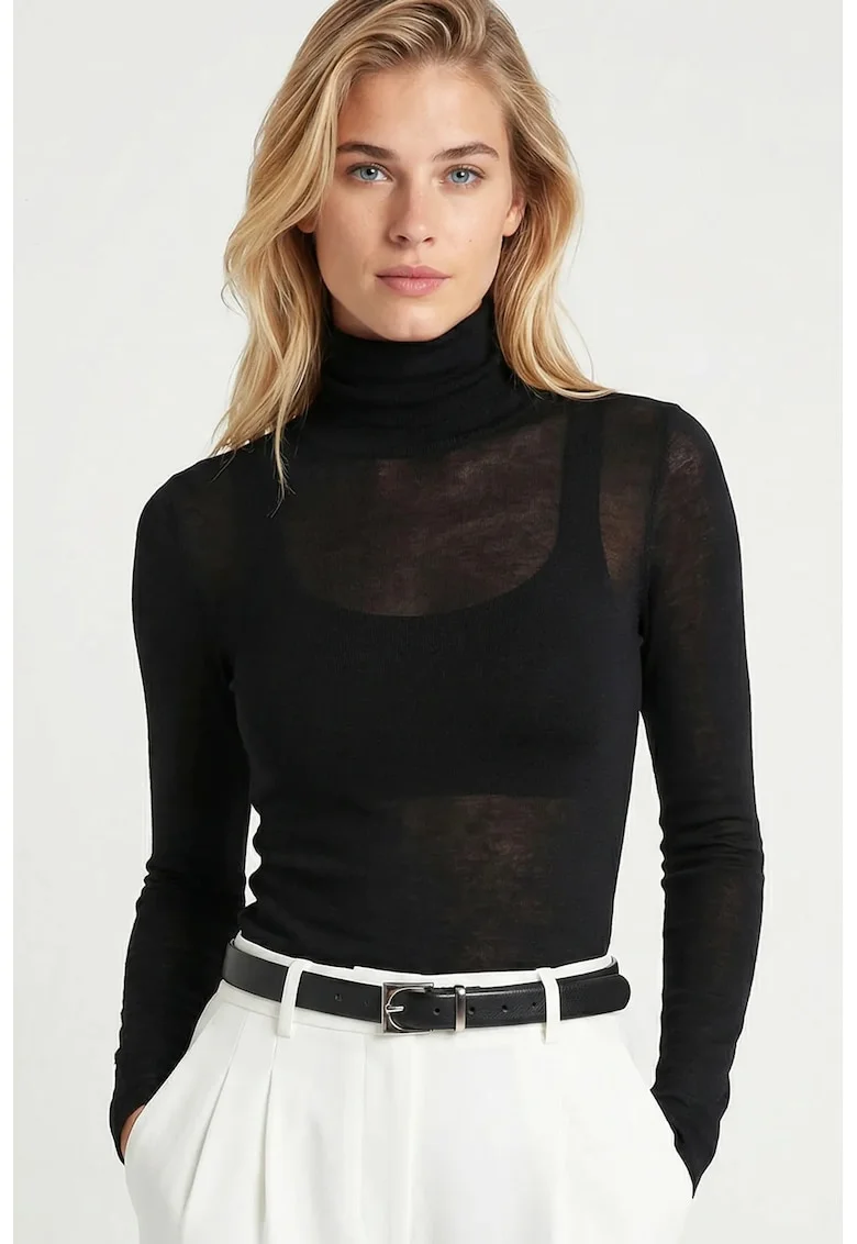 Bluza dama, Happiness Istanbul, Negru, Guler inalt