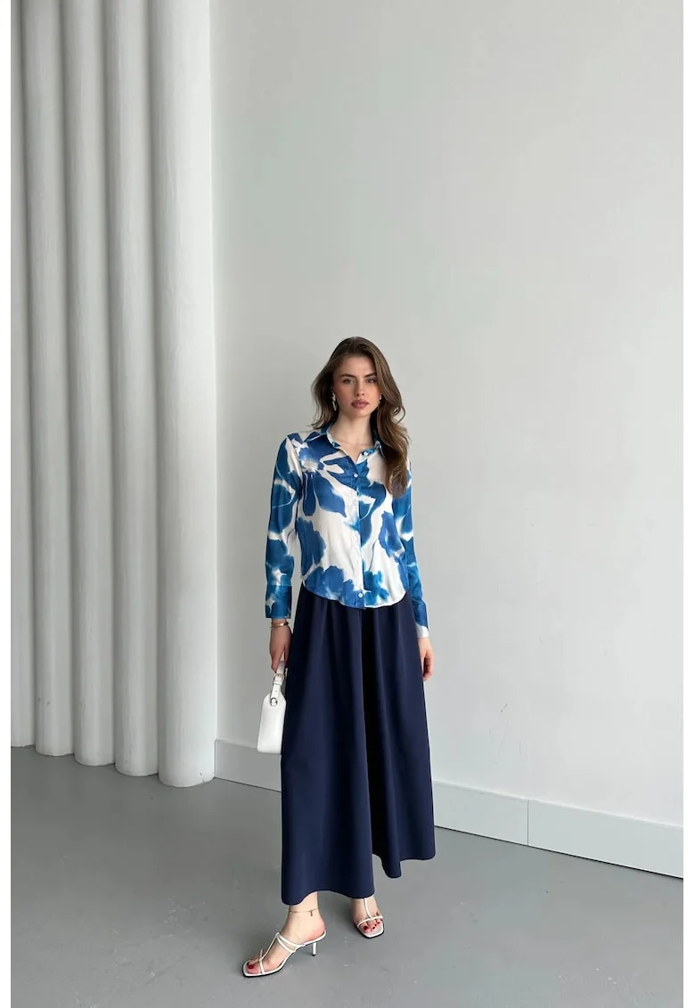 Camasi dama,  camasa cu imprimeu abstract, albastru cerulean, 100% poliester, maneca lunga