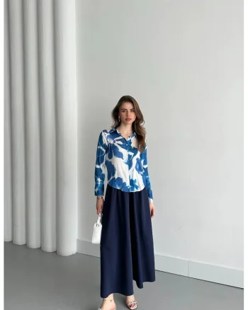 Camasi dama,  camasa cu imprimeu abstract, albastru cerulean, 100% poliester, maneca lunga