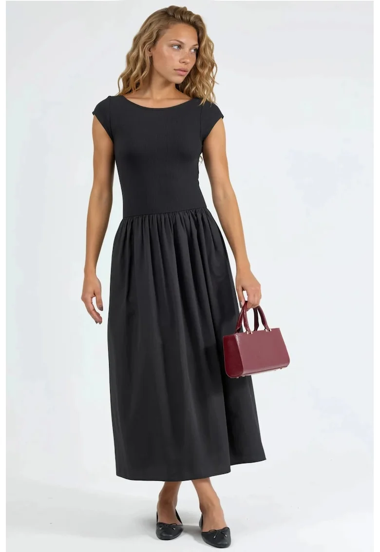 Rochie midi casual  neagra, bumbac/poliester, guler rotund, maneci scurte