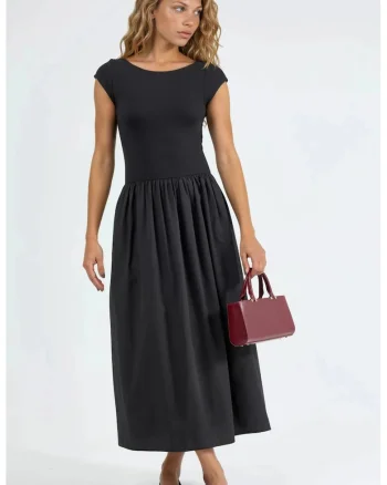 Rochie midi casual  neagra, bumbac/poliester, guler rotund, maneci scurte