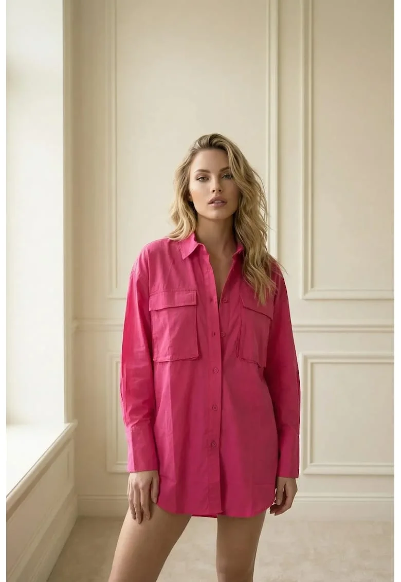 Camasi dama,  camasa supradimensionata, bumbac 100%, roz magenta, maneca lunga, buzunar