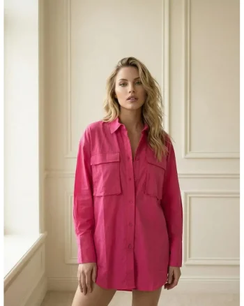 Camasi dama,  camasa supradimensionata, bumbac 100%, roz magenta, maneca lunga, buzunar