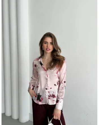 Camasi dama,  camasa din satin cu imprimeu abstract, roz pudrat, maneca lunga