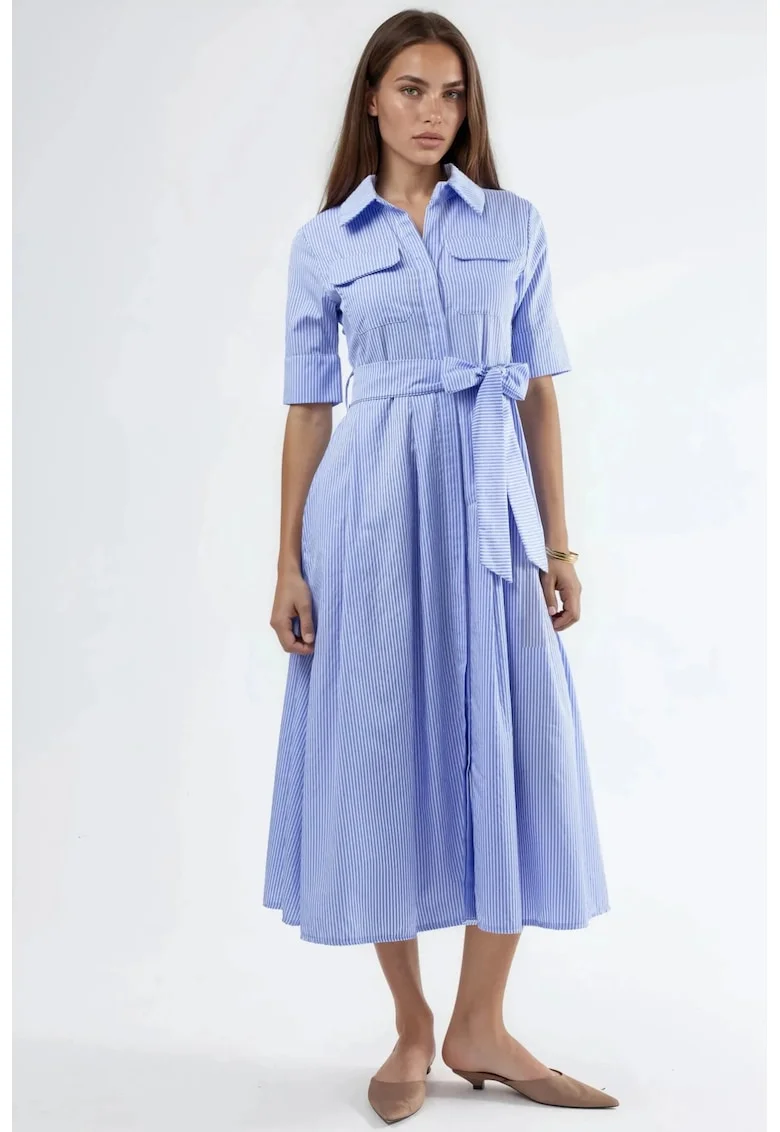 Rochie tip camasa,  dungi, albastru, bumbac si poliester