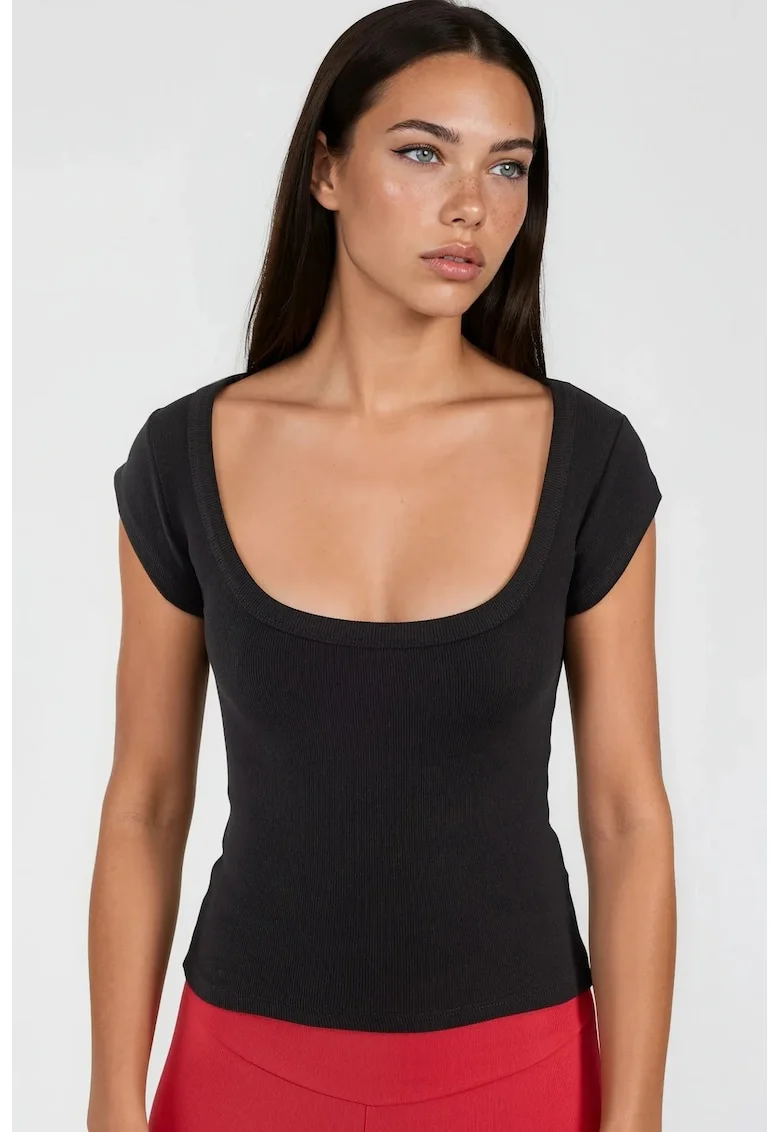 Tricou dama,  Guler U, Negru, Bumbac/Elastan, Slim fit