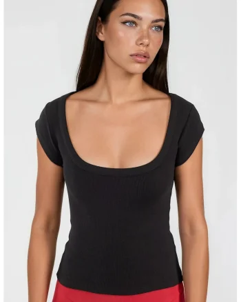 Tricou dama,  Guler U, Negru, Bumbac/Elastan, Slim fit