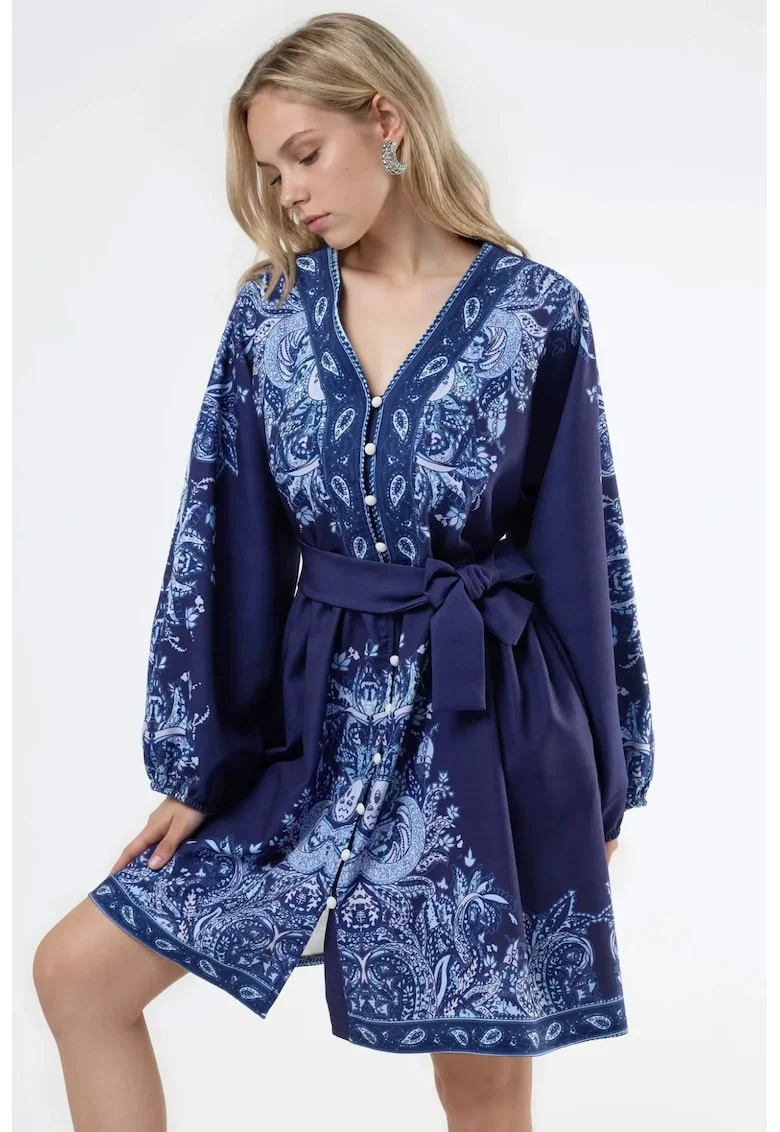 Rochie mini, cu maneca lunga, poliester/elastan, albastru