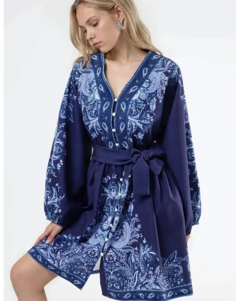 Rochie mini, cu maneca lunga, poliester/elastan, albastru