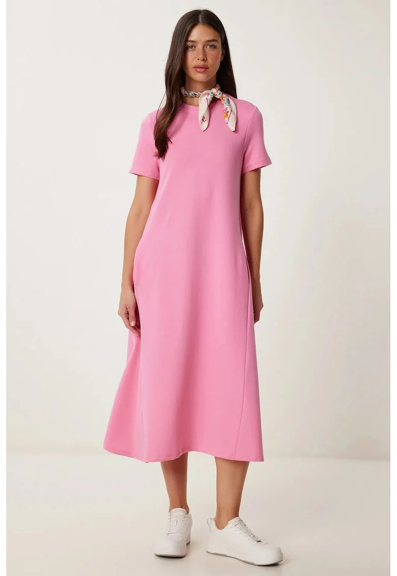 Rochie midi Happiness Istanbul, cu maneci scurte, roz, bumbac,