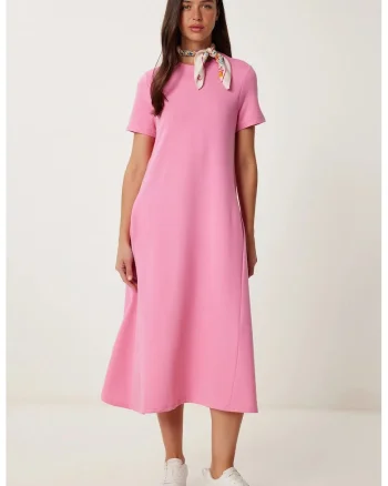 Rochie midi Happiness Istanbul, cu maneci scurte, roz, bumbac,