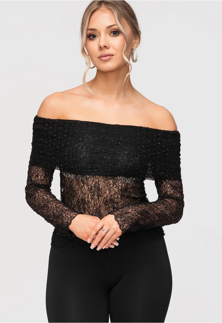 Bluza dama eleganta cu decolteu spaniol din dantela fina, croiala mulata, Negru