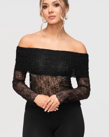 Bluza dama eleganta cu decolteu spaniol din dantela fina, croiala mulata, Negru